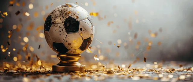 Gold soccer trophy and ball with golden confetti, celebratory match victory scene