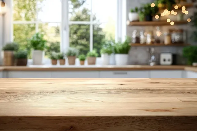 Empty wooden kitchen countertop by a sunlit window with soft bokeh holiday decor