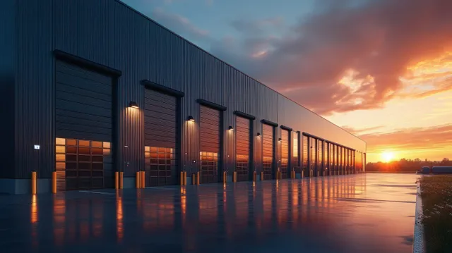 Steel industrial warehouse facade with a line of lit loading doors along a waterfront at sunset.