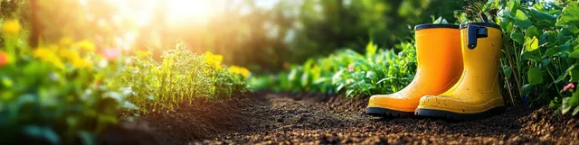 Yellow rubber boots sit on garden soil beside tools and fresh vegetables in bright sunlight.