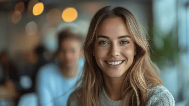 Young woman smiling in soft indoor light with a blurred bokeh background.
