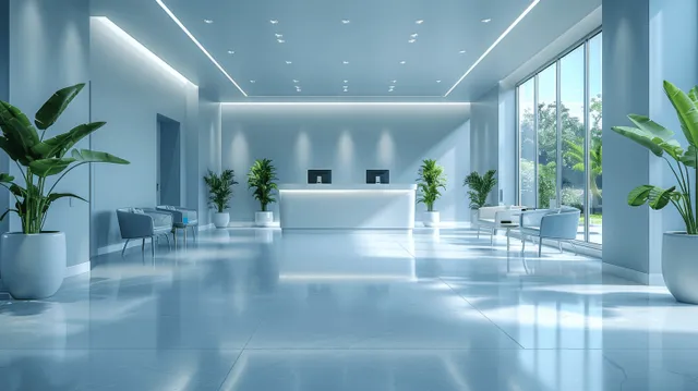 White hospital reception desk in a bright lobby with large windows, potted plants, and modern chairs.
