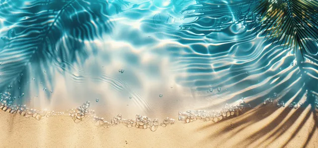 Tropical beach top view with turquoise waves, palm shadow lines, and rippled sand texture