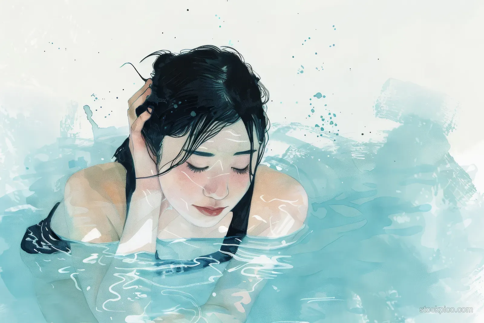 A female swimmer adjusts her goggles underwater as blue watercolor ink splashes surround her face and shoulders.