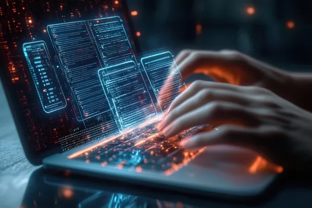 Manos escribiendo en una laptop con código holográfico y proyecciones de datos brillantes sobre el teclado.