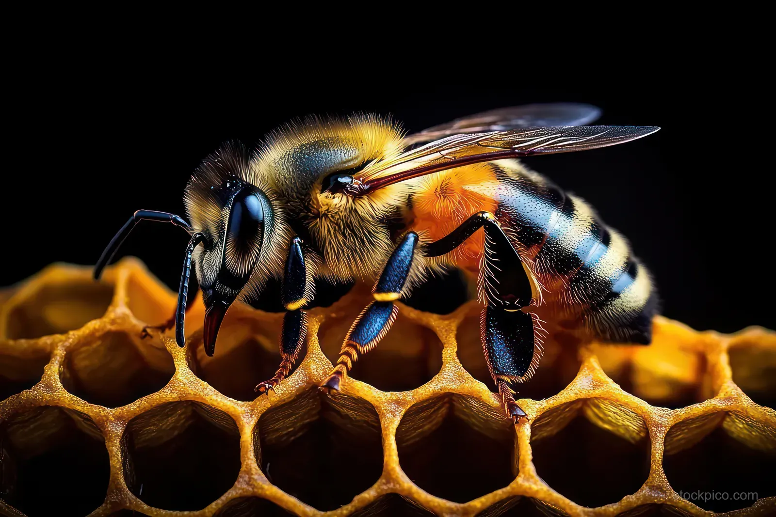 A honey bee stands on hexagonal honeycomb cells with detailed legs, wings, and antennae against a black background.