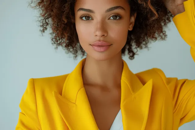 Woman in a yellow blazer typing on a laptop at a white desk in bright minimal office lighting.