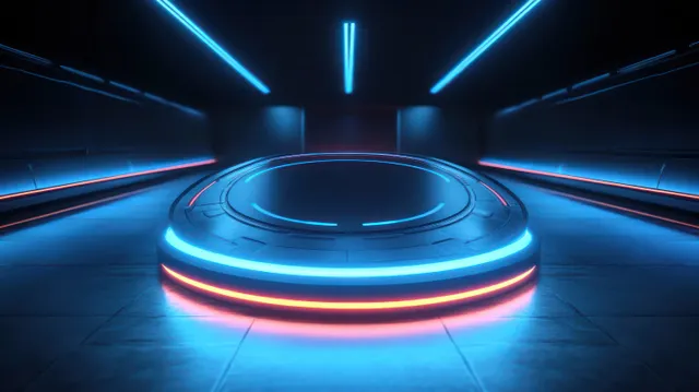 Futuristic pod platform glowing with neon blue lights and glossy circular stage