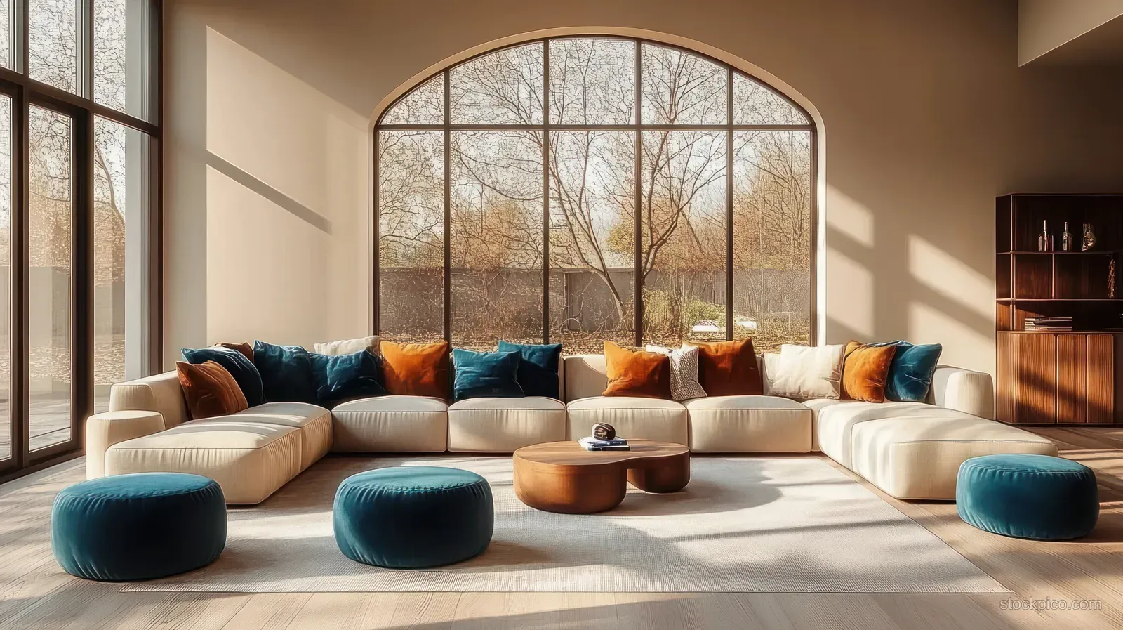 Sunlit modern living room with arched window, beige sectional couch with teal and orange cushions, and round wooden coffee tables.