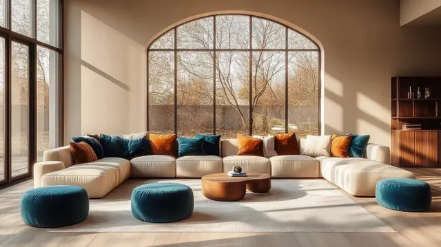 Sunlit modern living room with arched window, beige sectional couch with teal and orange cushions, and round wooden coffee tables.