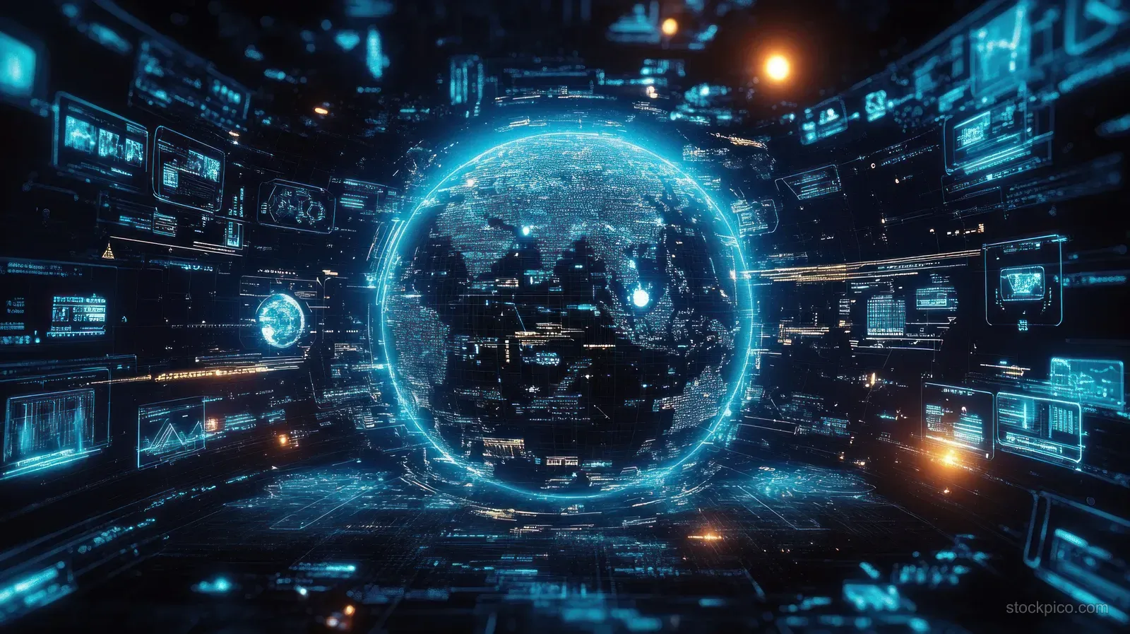 A glowing digital globe is surrounded by neon interface panels in a dark cyberpunk space.