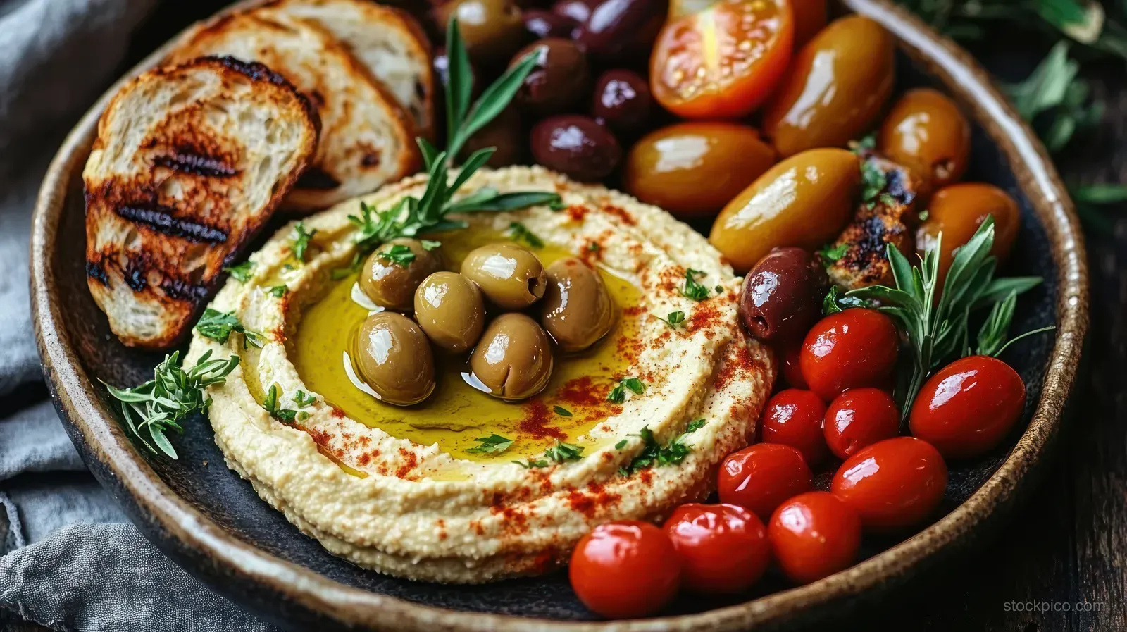 Creamy hummus topped with green olives and olive oil, alongside grilled bread slices and cherry tomatoes on wood.