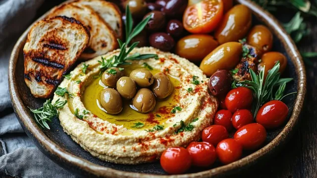 Creamy hummus topped with green olives and olive oil, alongside grilled bread slices and cherry tomatoes on wood.