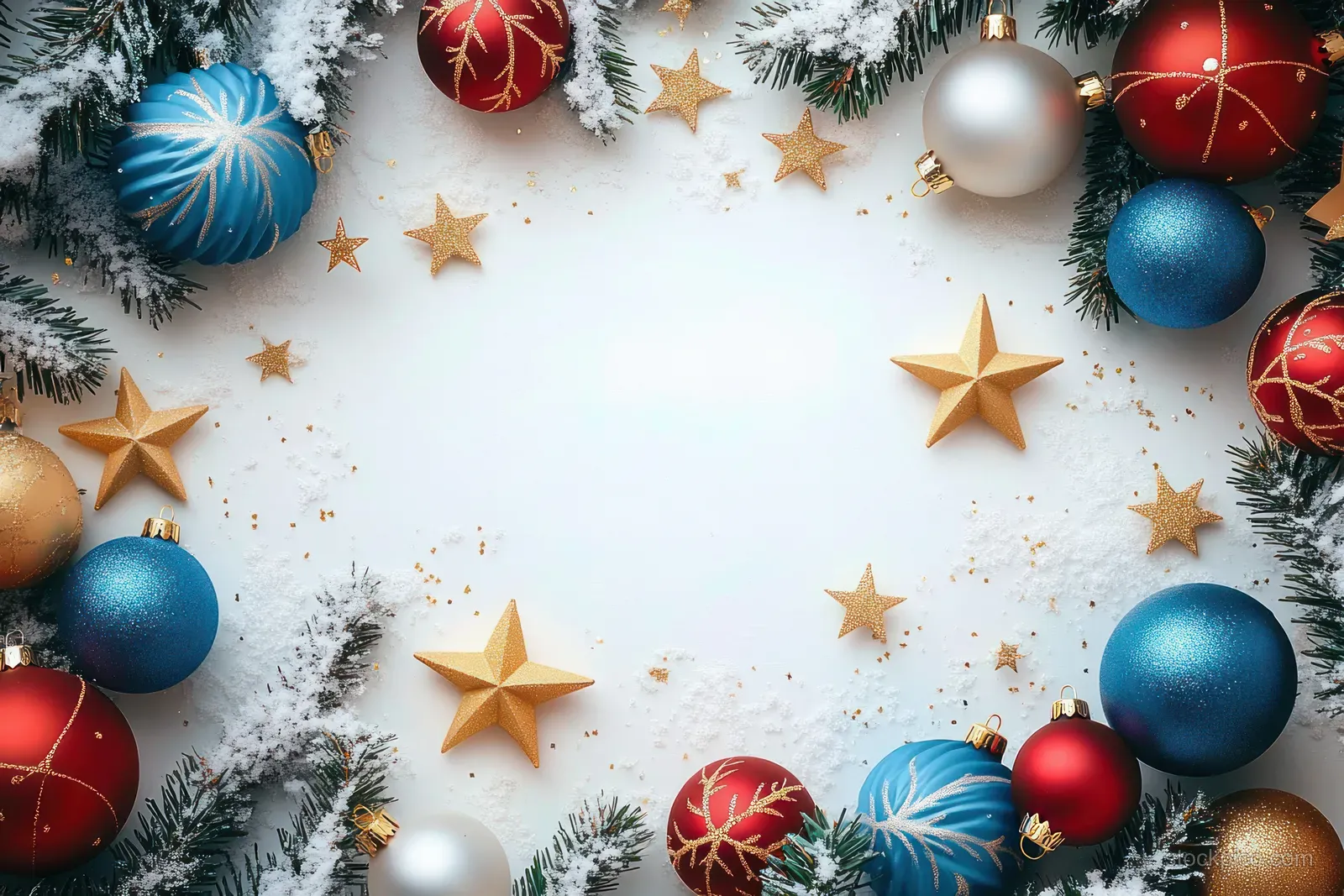 Colorful Christmas ornaments and golden star decorations framed by snowy pine branches on a wintery background.