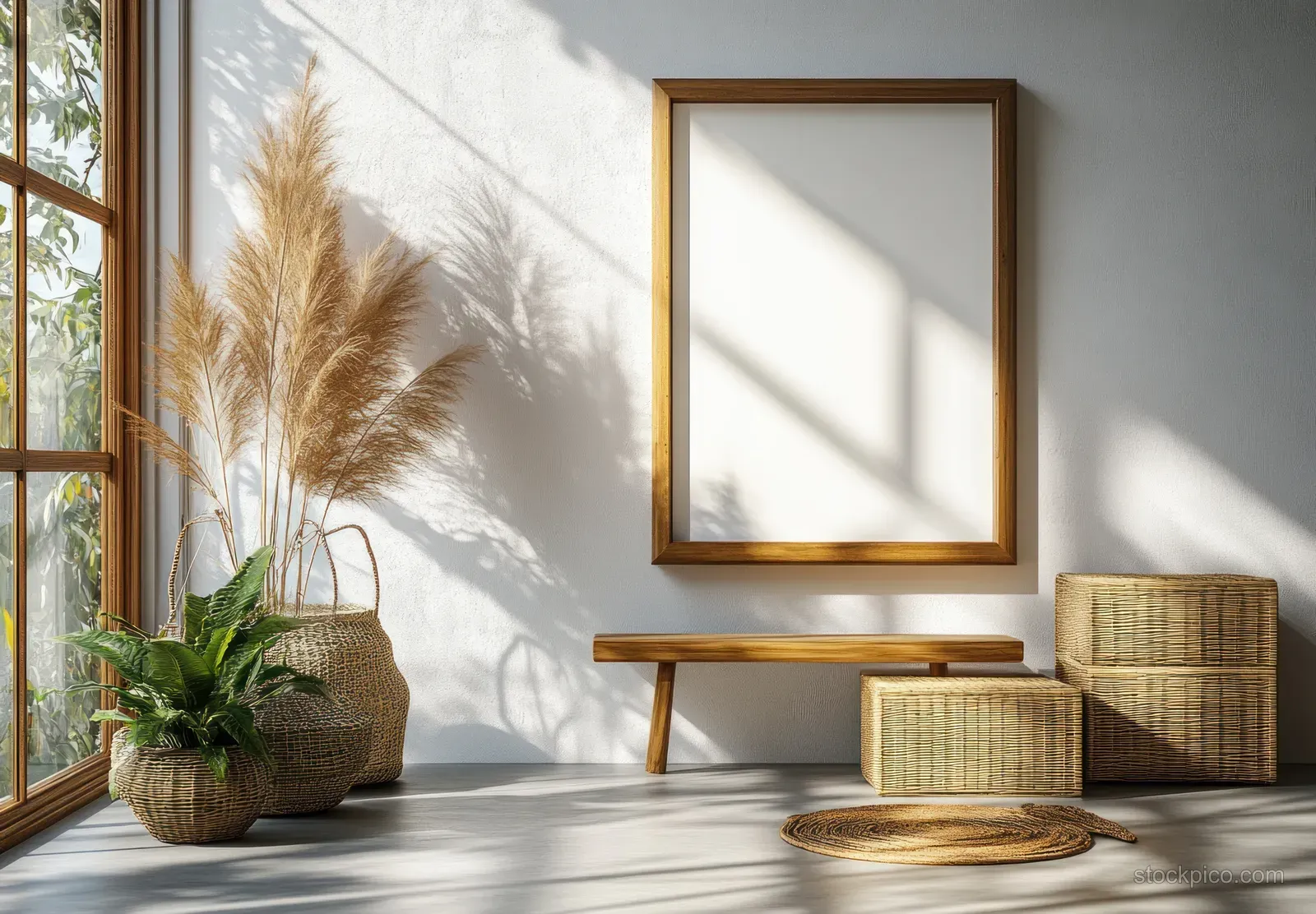 Blank wooden picture frame hangs on a white wall in a sunlit minimalist room beside a green plant in a woven pot.