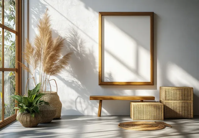 Blank wooden picture frame hangs on a white wall in a sunlit minimalist room beside a green plant in a woven pot.