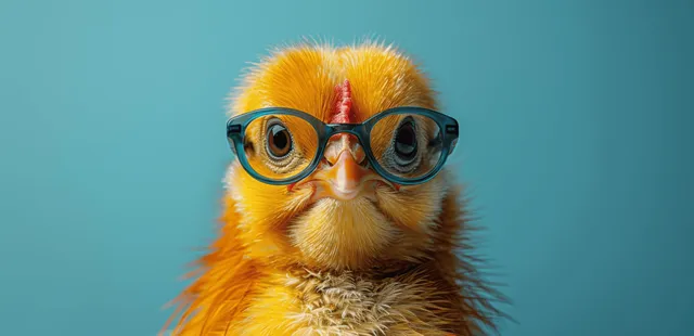 A close-up chick wearing oversized eyeglasses against a solid blue background.