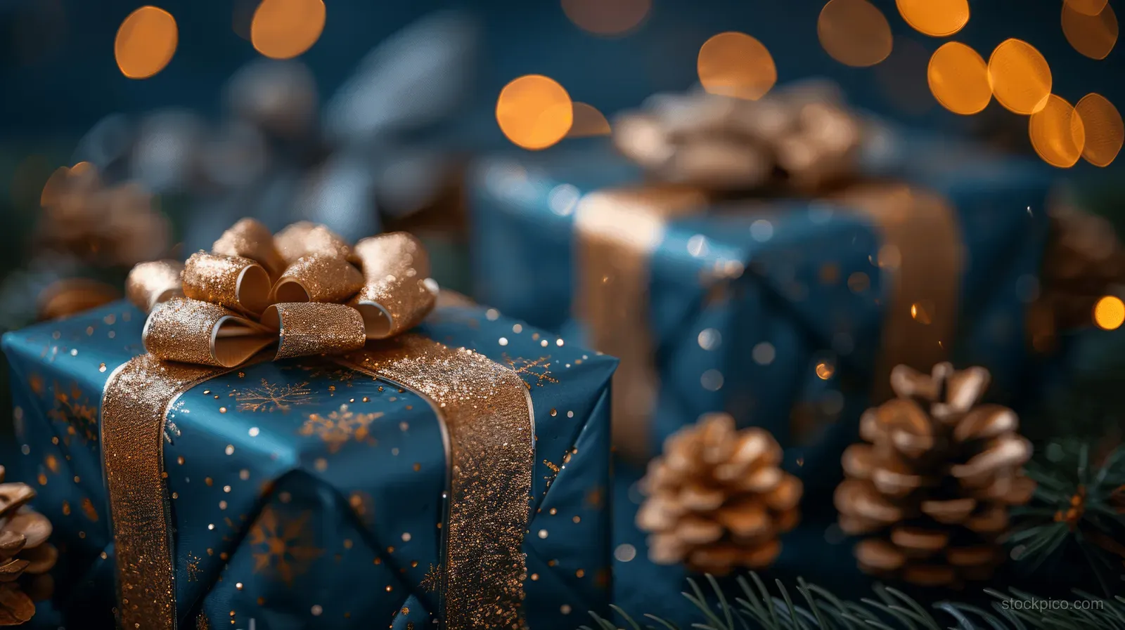 Two blue holiday gift boxes with golden ribbons rest on a table with pine cones and warm bokeh lights behind.