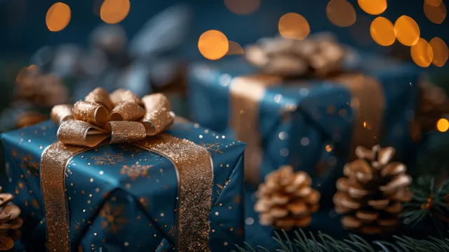 Blue holiday gift boxes with golden ribbons, bokeh lights, and pine cones on table