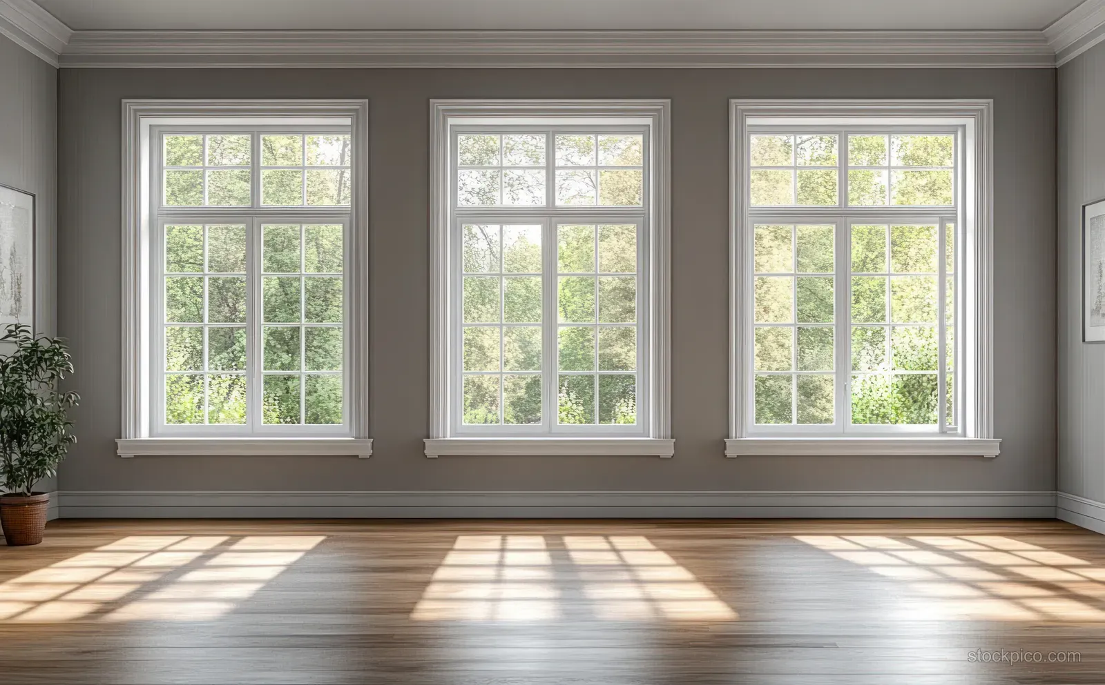 Minimal Scandinavian living room with three large windows casting sunlight onto a warm wooden floor.