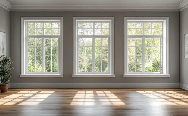 Minimal Scandinavian living room with three large windows casting sunlight onto a warm wooden floor.