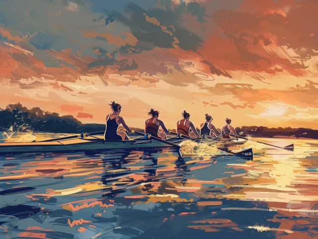 Women rowers in a quadruple scull glide on a river at sunset with warm orange sky reflections behind them.