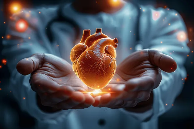 Hands cradle a glowing heart with luminous veins under soft dark clinical lighting.