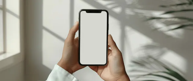 A person holds a smartphone with a blank screen while gesturing to type in a bright home room.