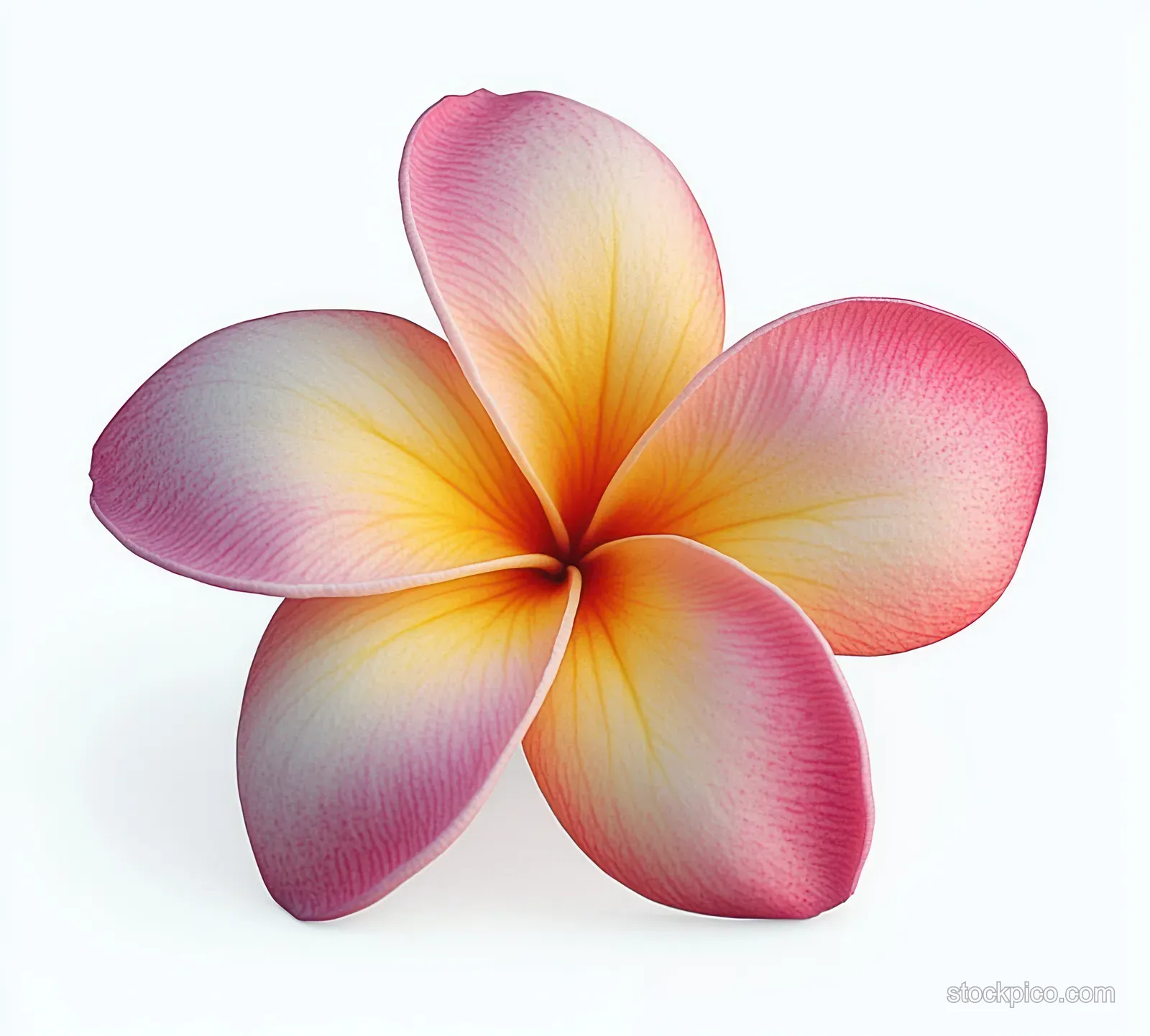 A vibrant five-petaled flower with a pink, yellow, and white gradient is displayed against a clean white background.