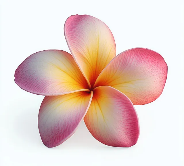 A vibrant five-petaled flower with a pink, yellow, and white gradient is displayed against a clean white background.