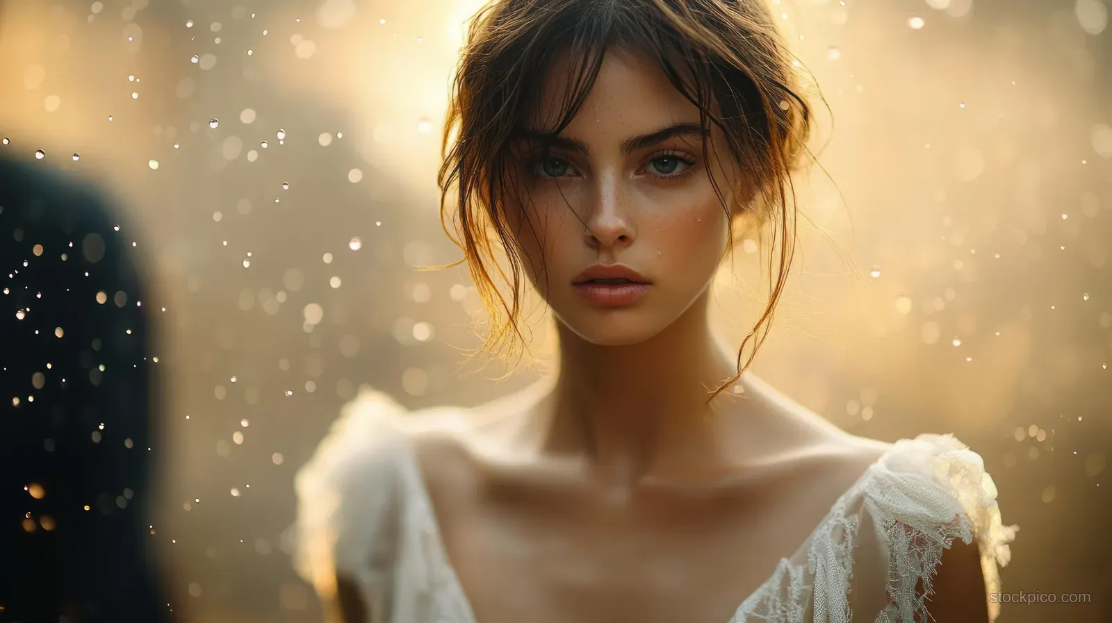 Bride in a lace white gown standing in glowing mist with sparkling raindrops around her face and veil.