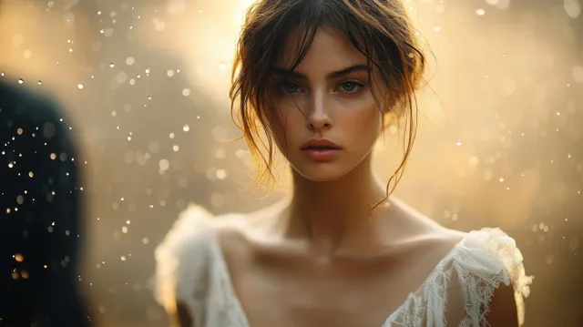 Noiva com vestido branco rendado em uma névoa luminosa, com gotas de chuva cintilantes ao redor do rosto e do véu.