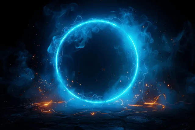 Glowing blue neon circle on black background, with sparks, particles, and electric energy
