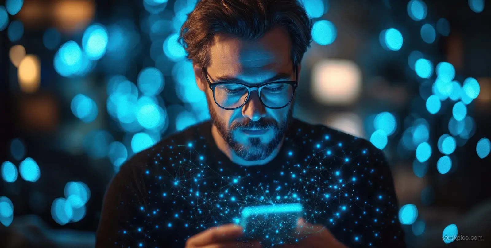 A bearded man in glasses holds a glowing smartphone as blue network connection dots surround him in a dark room.