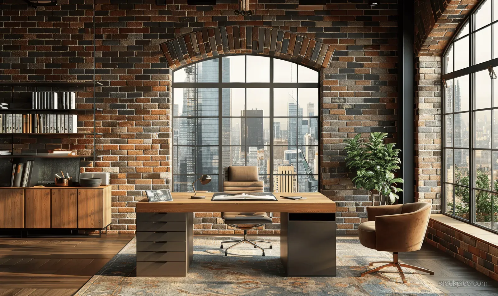 Wooden desk and armchair sit in a brick home office with arched windows showing a city skyline.