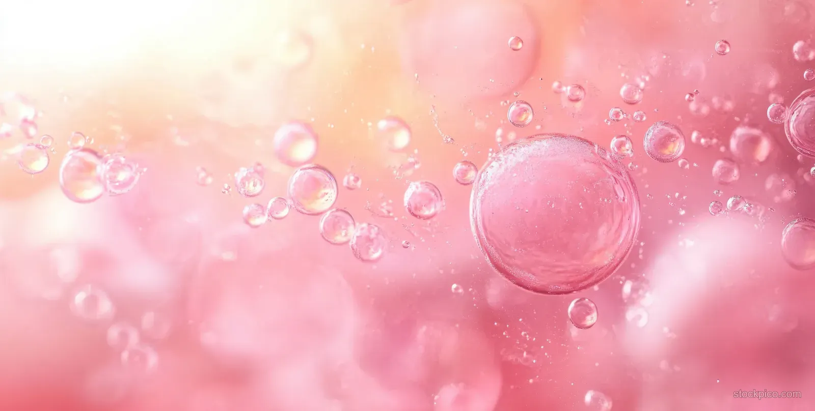Pink translucent bubbles float in glowing soft light with tiny droplets and gentle reflections.
