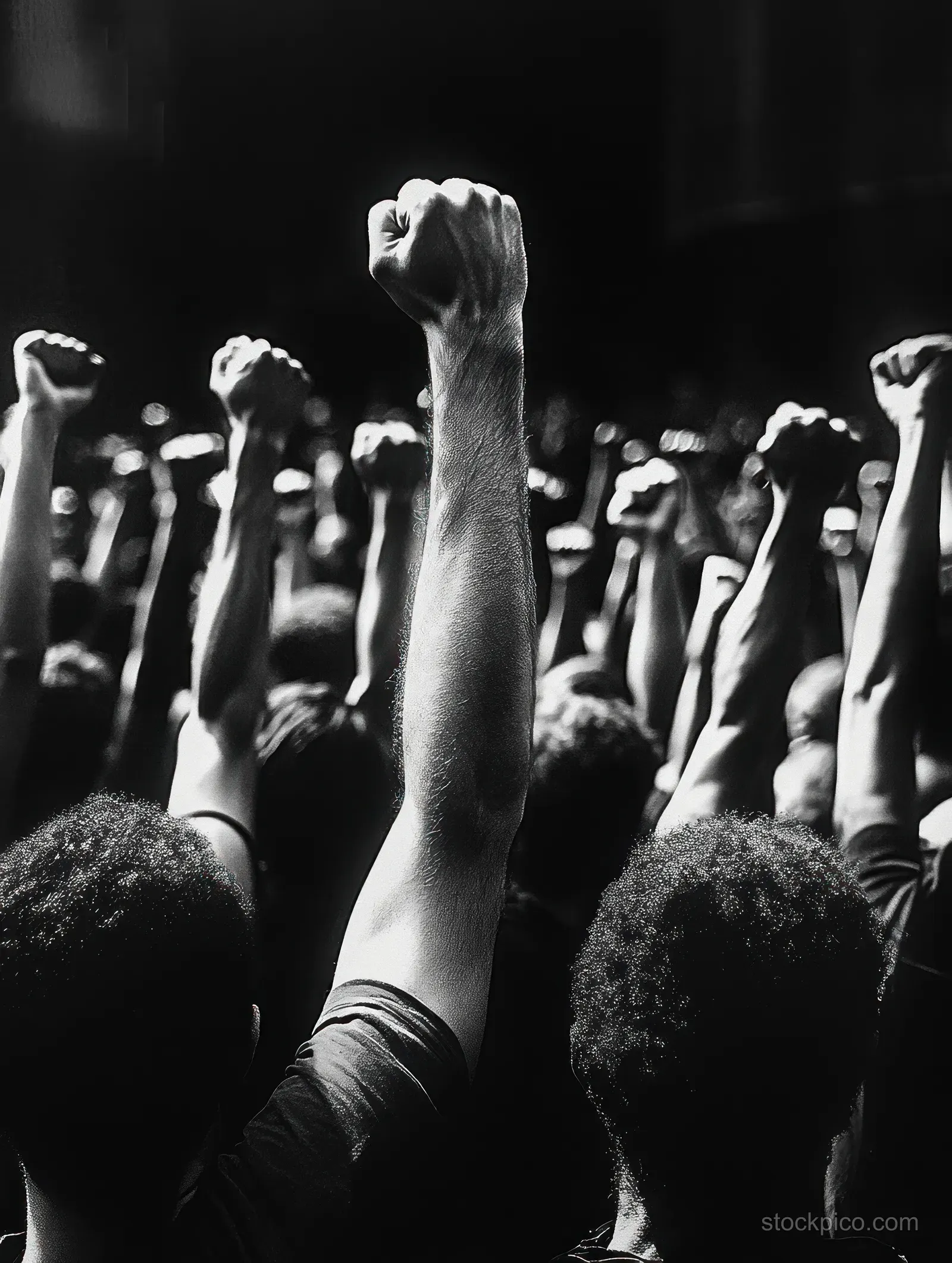Black-and-white crowd raises clenched fists during a protest march at night, faces visible in dramatic shadows.