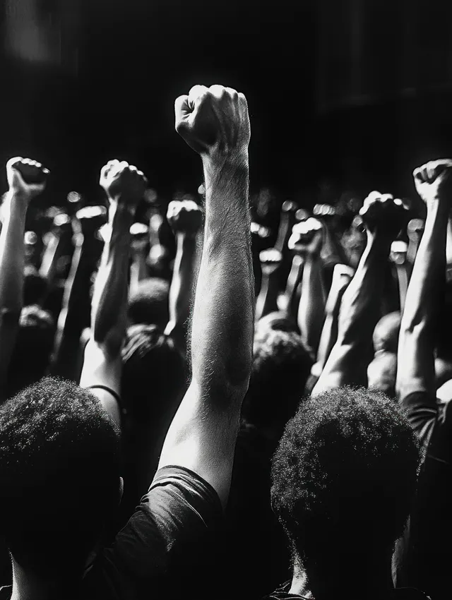 Black-and-white crowd raises clenched fists during a protest march at night, faces visible in dramatic shadows.