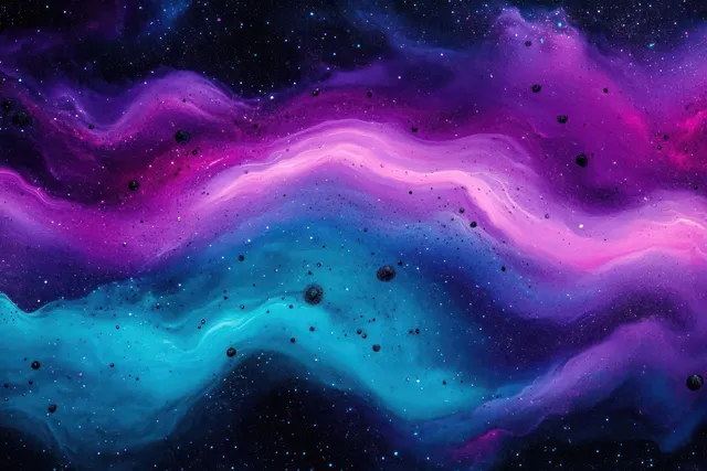 Swirling purple and blue nebula clouds with scattered stars across a deep space backdrop with Cosmic Background