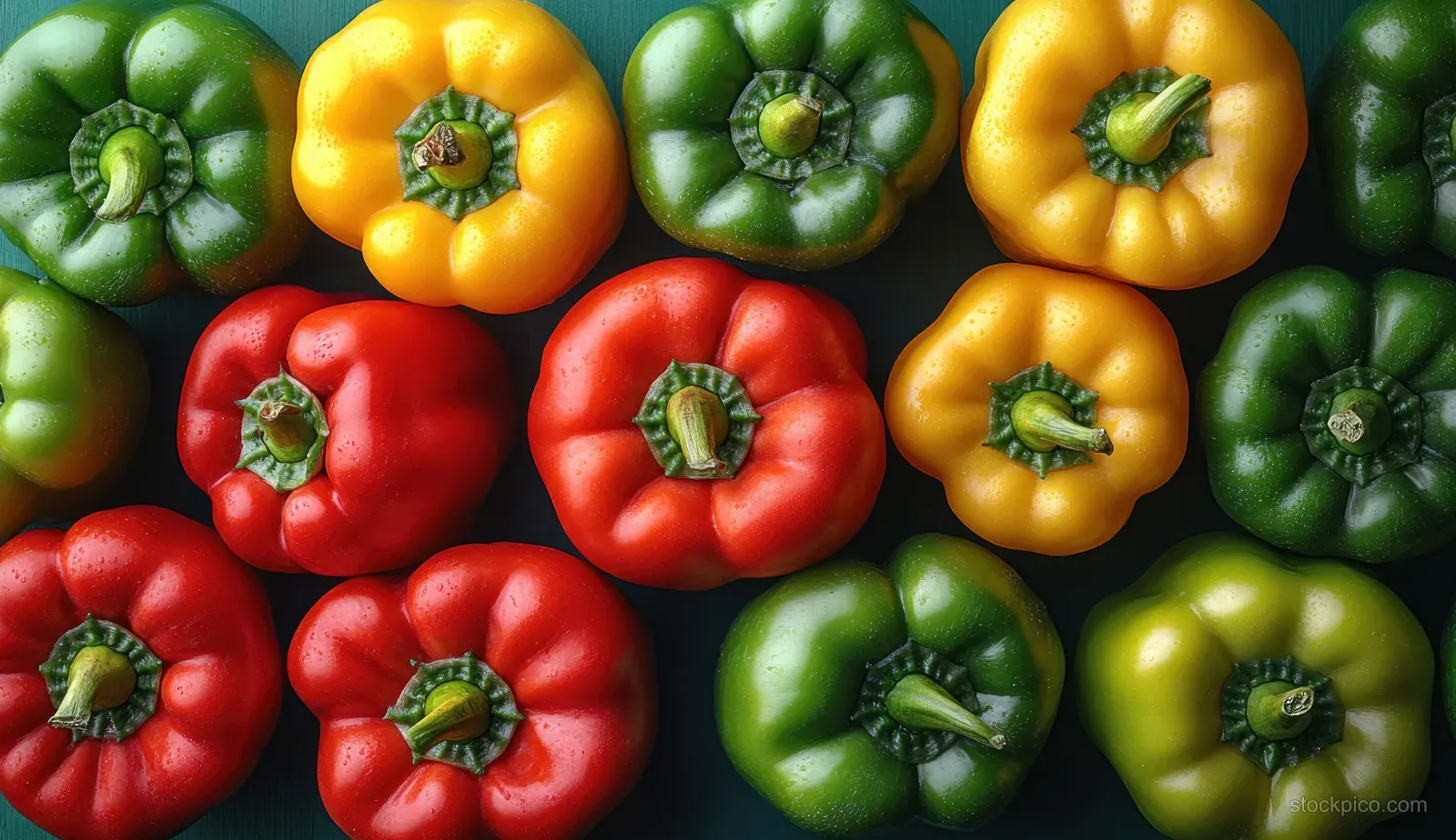 Top-down view of red, yellow, and green bell peppers arranged in neat rows.