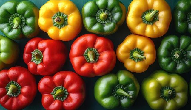 Assorted bell peppers arranged in colorful rows on dark background