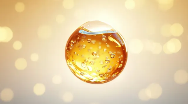 Golden skincare droplet sphere with tiny bubbles floating on soft bokeh background