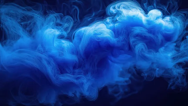 Blue smoke swirls into luminous wisps across a dark background.
