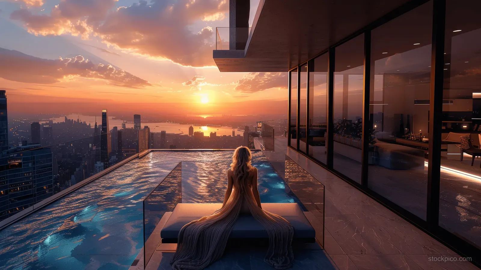 Woman relaxing beside an infinity pool on a modern mansion terrace at sunset, with city skyline and ocean view.