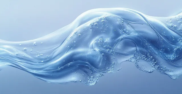 Close-up of flowing transparent blue liquid wave with suspended bubbles and soft light reflections