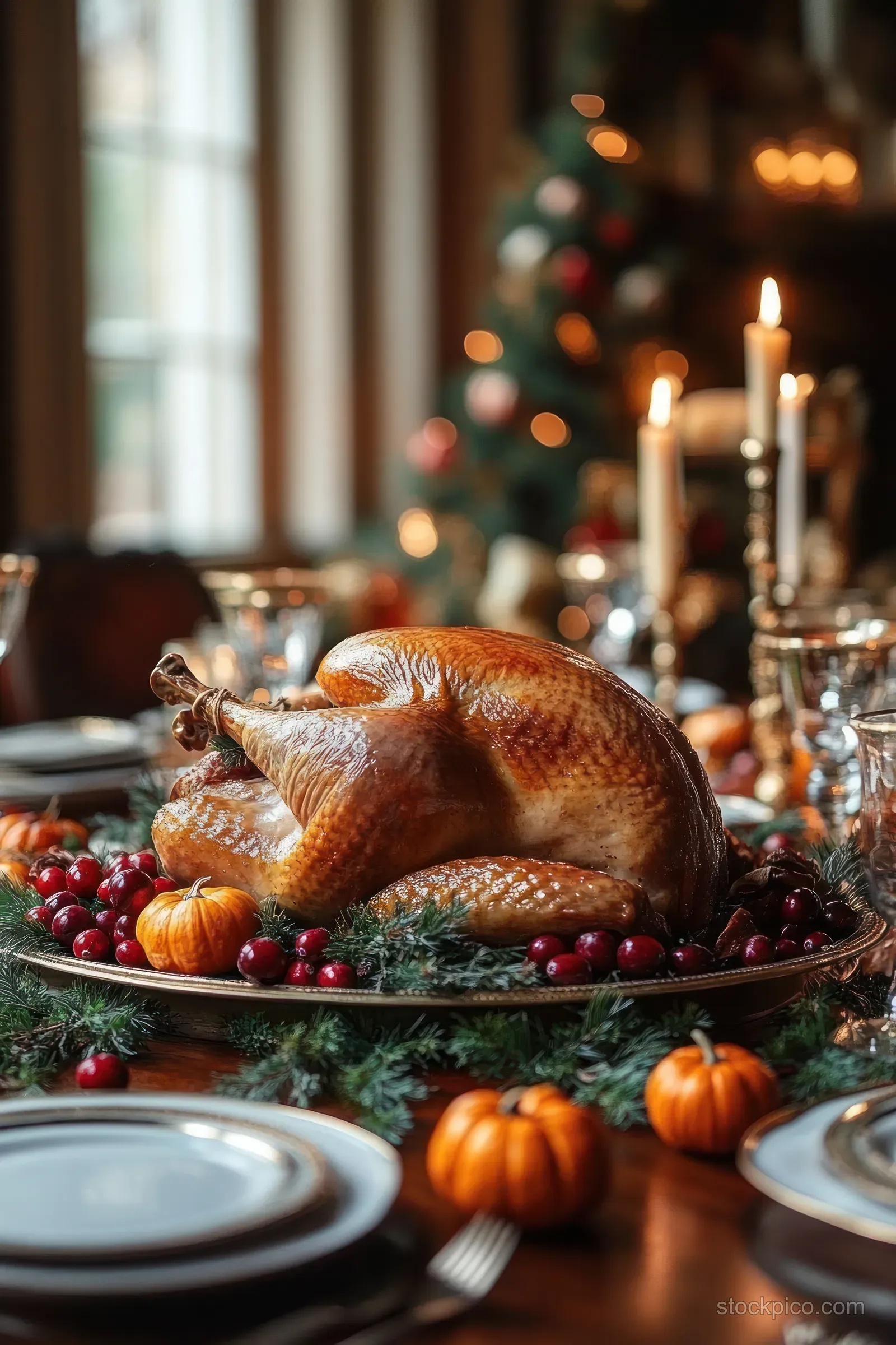Golden roasted turkey on a decorated holiday table with pumpkins and candles, with a blurred Christmas tree in the background.