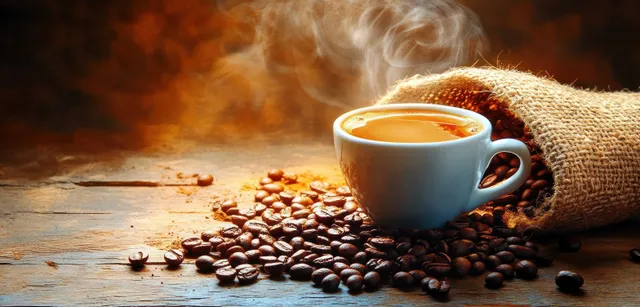 Steaming espresso cup beside roasted coffee beans and burlap sack on rustic wooden table