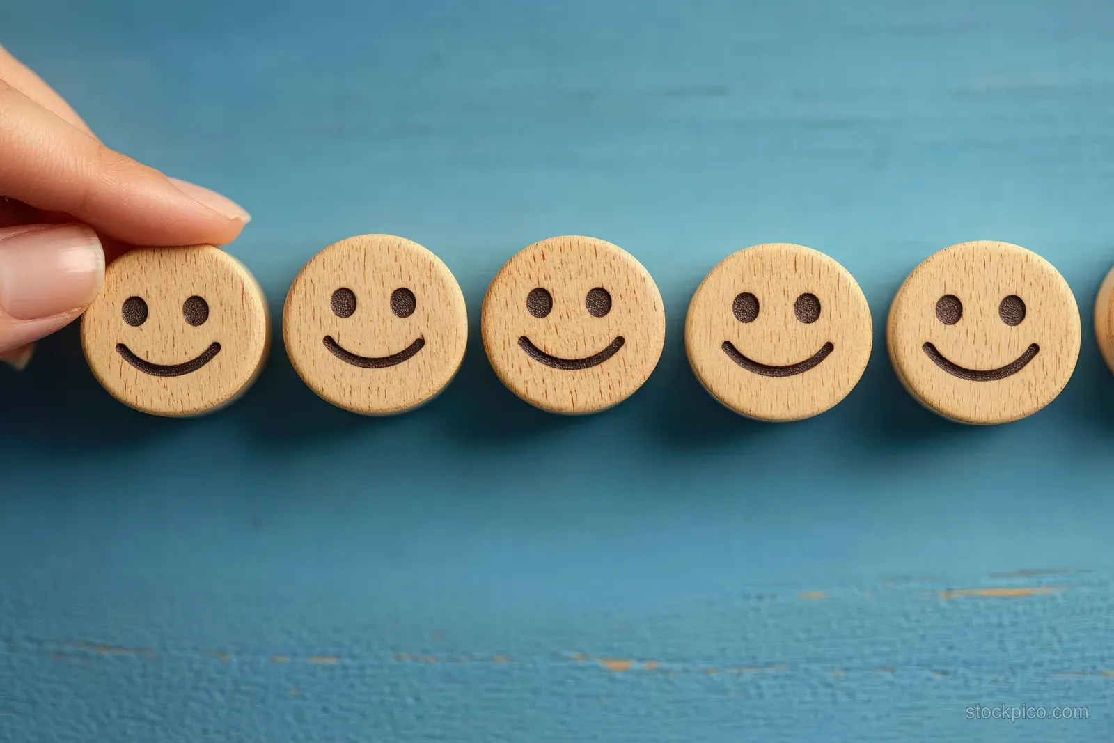 A hand holds a happy wooden face token among other smiley wooden icons on a blue background.