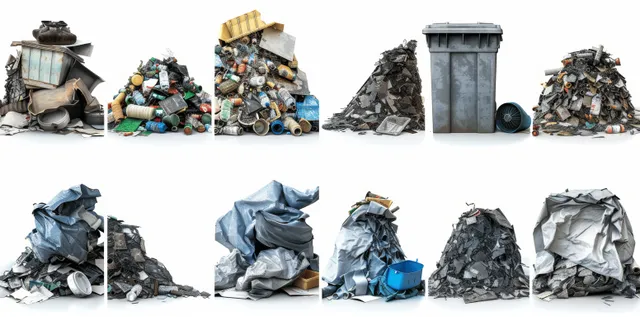 Mixed garbage pile with bottles, bags, and debris isolated on a white background.