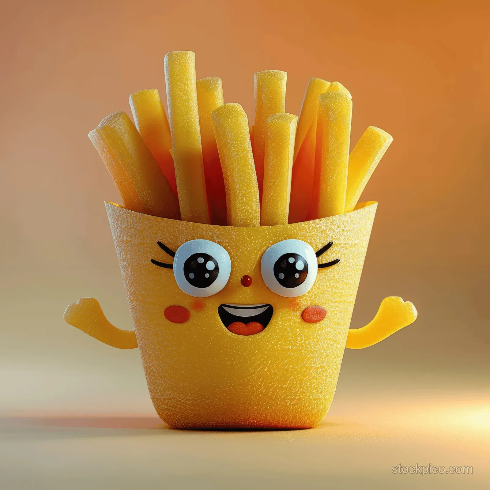 A smiling 3D French fries character with big eyes sits in a paper box with upright golden fries.